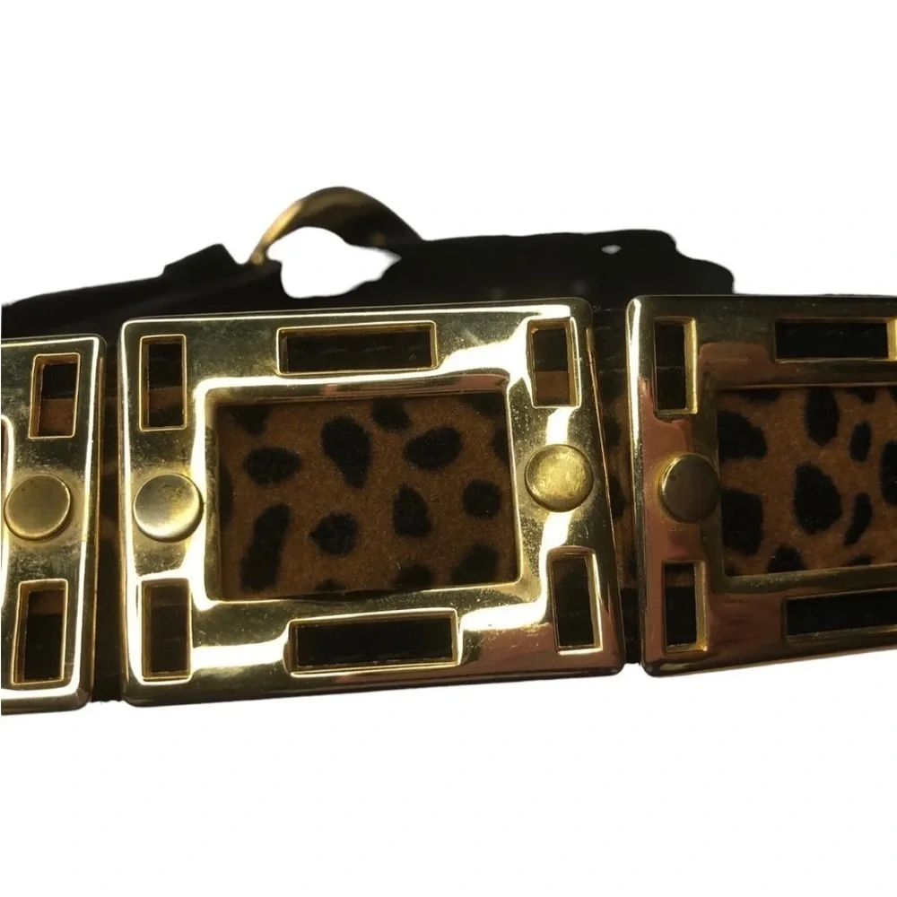 MVtg Benjo Womens Belt Black Leather Animal Print Gold Metal Squares Studs